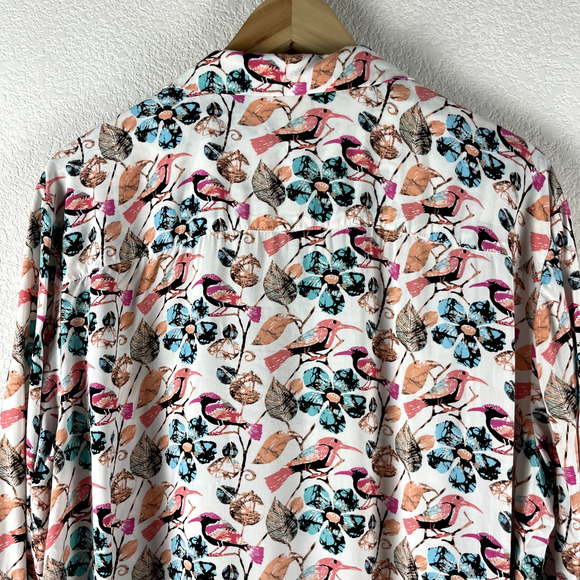 Talbots Bird Floral Print Top Womens 2X Pink Button Up Blouse Long Sleeve - Picture 9 of 12